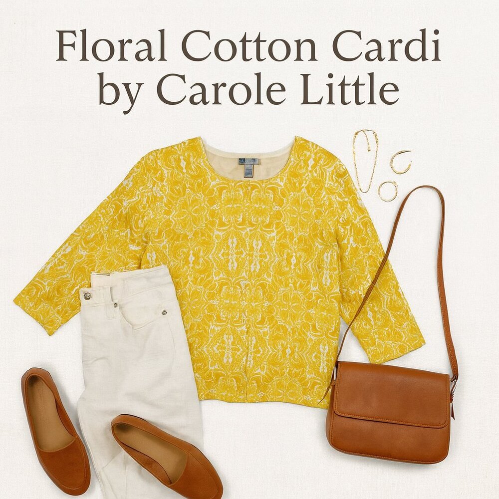 Carole Little Woman 1X Yellow Floral Print Button-Front Cardigan Sweater